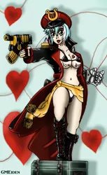 Size: 699x1144 | Tagged: artist:gmeiden, bolter, breasts, busty lyra heartstrings, commissar, derpibooru import, humanized, lyra heartstrings, power fist, suggestive, warhammer 40k, warhammer (game)