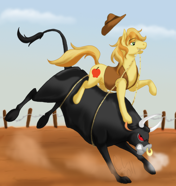 Size: 1400x1479 | Tagged: suggestive, artist:cartoonlion, derpibooru import, braeburn, bull, earth pony, pony, bronco buster, duo, flank strap, male, nose piercing, nose ring, nudity, piercing, ponies riding bulls, riding, rodeo, sheath, stallion