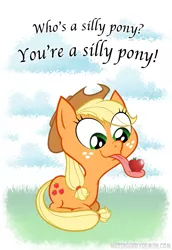 Size: 741x1077 | Tagged: safe, artist:hotdiggedydemon, derpibooru import, applejack, earth pony, pony, apple, cute, female, impossibly long tongue, jappleack, mare, obligatory apple, silly, silly pony, solo, that pony sure does love apples, tongue out, who's a silly pony