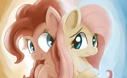 Size: 3250x2000 | Tagged: safe, artist:teknibaal, derpibooru import, fluttershy, pinkie pie, pony, back to back, bust, duo, female, high res, hooves to the chest, looking at each other, looking sideways, mare, smiling
