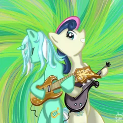 Size: 1000x1000 | Tagged: safe, artist:cheshiresdesires, derpibooru import, bon bon, lyra heartstrings, sweetie drops, earth pony, pony, unicorn, abstract background, bass guitar, bipedal, duo, electric guitar, eyes closed, grin, guitar, musical instrument, smiling