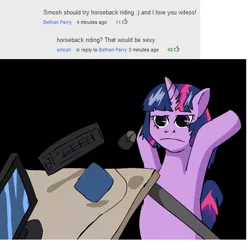 Size: 550x554 | Tagged: comments, computer, computer mouse, derpibooru import, frown, keyboard, meme, safe, smosh, table, table flip, twilight sparkle, unamused, youtube