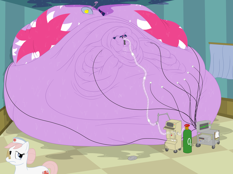 Size: 3000x2250 | Tagged: dead source, questionable, artist:guyfuy, derpibooru import, nurse redheart, twilight sparkle, pony, blob, cpap, fart, fat, high res, hospital, immobile, impossibly large everything, impossibly obese, life support, morbidly obese, multichin, obese, oxygen mask, rolls of fat, sad, slob, sweat, twilard sparkle