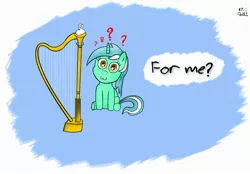 Size: 2824x1971 | Tagged: safe, artist:cheshiresdesires, derpibooru import, lyra heartstrings, pony, unicorn, :3, dialogue, filly, harp, musical instrument, question mark, sitting, smiling, solo, younger