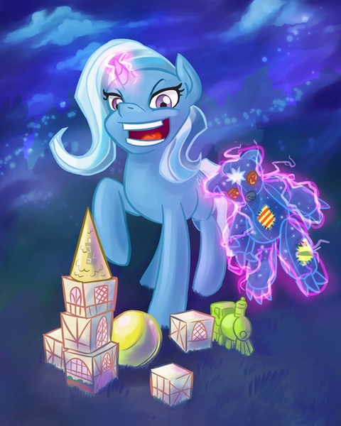 Size: 640x800 | Tagged: safe, artist:samaerro, derpibooru import, trixie, pony, unicorn, ursa minor, ball, blocks, female, magic, mare, solo, toy, train