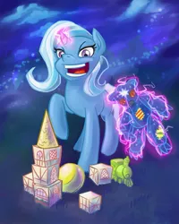 Size: 640x800 | Tagged: safe, artist:samaerro, derpibooru import, trixie, pony, unicorn, ursa minor, ball, blocks, female, magic, mare, solo, toy, train