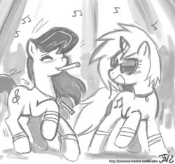 Size: 1280x1200 | Tagged: safe, artist:johnjoseco, derpibooru import, octavia melody, vinyl scratch, dancing, female, glowstick, grayscale, lesbian, monochrome, scratchtavia, shipping