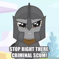 Size: 727x727 | Tagged: safe, derpibooru import, pony, armor, glare, gritted teeth, image macro, looking at you, meme, oblivion, solo, stop right there criminal scum, the elder scrolls