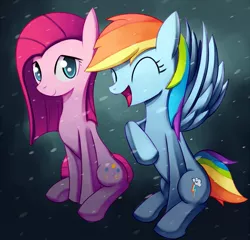 Size: 939x900 | Tagged: artist:negativefox, derpibooru import, pinkamena diane pie, pinkie pie, rainbow dash, safe, snow, snowfall