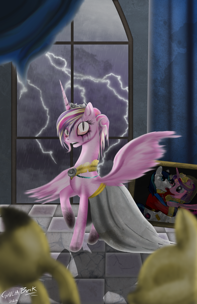 Size: 1731x2666 | Tagged: artist:giuliabeck, clothes, corrupted, derpibooru import, dress, grimdark, implied death, lightning, nightmare cadance, nightmarified, princess cadance, slit eyes, solo