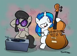 Size: 1000x727 | Tagged: artist:willdrawforfood1, cello, derpibooru import, filly, musical instrument, octavia melody, safe, vinyl scratch