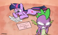 Size: 1000x612 | Tagged: artist:willdrawforfood1, derpibooru import, glowing eyes, love letter, safe, spike, twilight sparkle