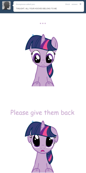 Size: 500x1002 | Tagged: safe, artist:somepony, derpibooru import, twilight sparkle, pony, unicorn, ..., amputation, amputee, ask, asksparklesanddashie, blue feather, cute, dialogue, dilated pupils, feather, floppy ears, grimcute, looking at you, magical amputation, missing limb, puppy dog eyes, sad, stump, unicorn twilight