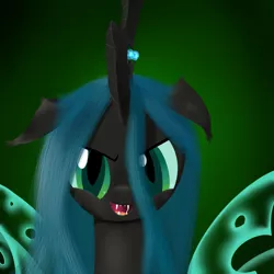 Size: 1000x1000 | Tagged: safe, artist:rodolfomushi, derpibooru import, queen chrysalis, changeling, changeling queen, bust, fangs, female, floppy ears, frown, gradient background, grin, image, looking at you, open mouth, png, portrait, slit eyes, smiling, solo