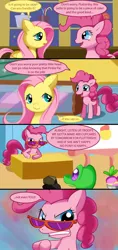 Size: 800x1700 | Tagged: artist:solar-slash, c:, comic, cute, derpibooru import, eye contact, fluttershy, frown, glare, gritted teeth, looking at each other, open mouth, pinkie pie, safe, smiling, sunglasses