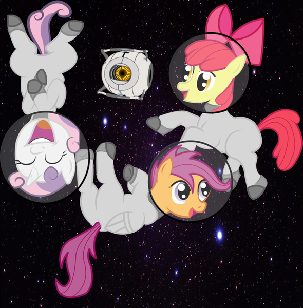 Size: 900x915 | Tagged: apple bloom, crossover, cutie mark crusaders, derpibooru import, personality core, portal (valve), safe, scootaloo, space core, sweetie belle