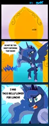 Size: 590x1509 | Tagged: artist:pandadox, bathroom, comic, derpibooru import, doctor orpheus, door, flying, glare, open mouth, potty, potty time, princess luna, safe, spread wings, taco, the venture bros., traditional royal canterlot voice, wide eyes