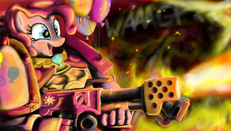 Size: 1800x1024 | Tagged: artist:laaseensld, derpibooru import, fire, flamer, flamethrower, pinkie pie, power armor, powered exoskeleton, safe, space marine, warhammer 40k, warhammer (game), weapon