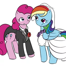 Size: 600x600 | Tagged: safe, artist:kloudmutt, derpibooru import, pinkie pie, rainbow dash, clothes, dress, female, lesbian, pinkiedash, shipping, tuxedo, wedding dress