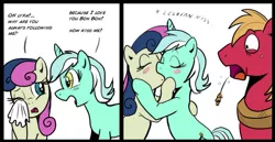 Size: 927x477 | Tagged: safe, artist:madmax, derpibooru import, big macintosh, bon bon, lyra heartstrings, sweetie drops, earth pony, pony, unicorn, 2 panel comic, blush sticker, blushing, comic, crying, dialogue, eyes closed, female, kissing, lesbian, lesbian in front of boys, looking at each other, lyrabon, male, mare, one eye closed, open mouth, shipping, shocked, shrunken pupils, stallion, straw in mouth, wide eyes