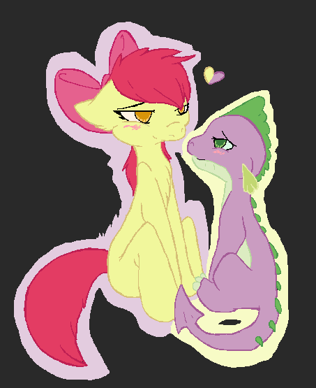 Size: 453x555 | Tagged: safe, derpibooru import, apple bloom, spike, blushing, chest fluff, female, heart, interspecies, male, shipping, spikebloom, straight