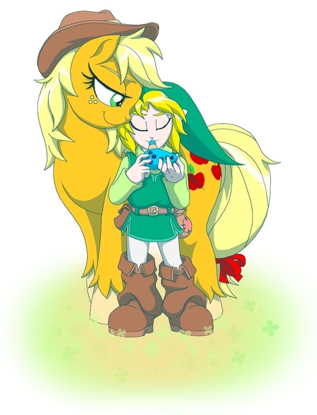 Size: 898x1175 | Tagged: applejack, artist:terry, crossover, derpibooru import, epona's song, link, musical instrument, ocarina, safe, song, the legend of zelda