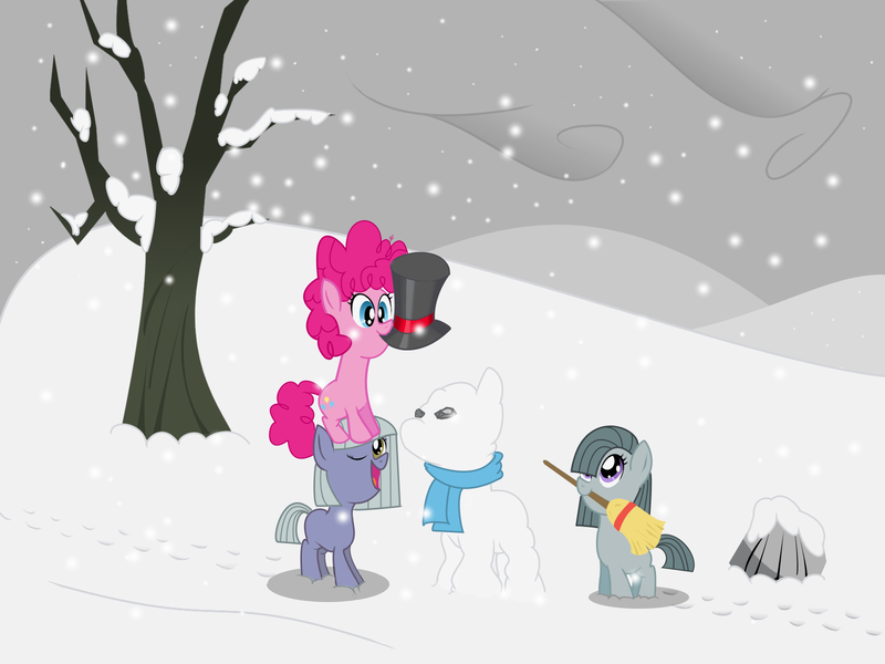 Size: 1600x1200 | Tagged: safe, artist:burnt-sprinkles, derpibooru import, limestone pie, marble pie, pinkie pie, broom, clothes, hat, pie sisters, scarf, snow, snowfall, snowpony, top hat