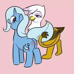 Size: 800x800 | Tagged: source needed, suggestive, artist:kloudmutt, derpibooru import, gilda, trixie, gryphon, blushing, butt, female, glixie, image, interspecies, lesbian, plot, png, shipping, simple background, spanking, tail slap, tail whip