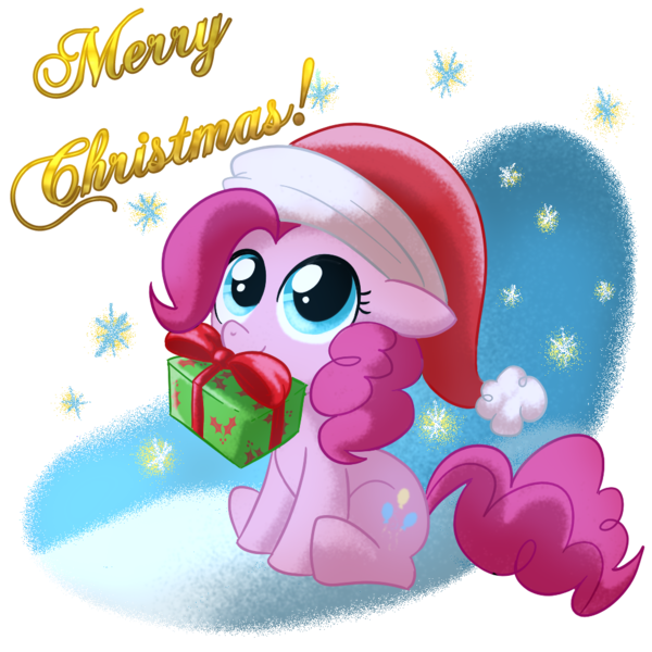 Size: 1000x1000 | Tagged: safe, artist:madmax, derpibooru import, pinkie pie, earth pony, pony, christmas, cute, diapinkes, female, filly, floppy ears, hat, holiday, mare, merry christmas, mouth hold, present, santa hat, simple background, sitting, snow, snowfall, solo, transparent background, younger