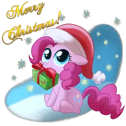 Size: 1000x1000 | Tagged: safe, artist:madmax, derpibooru import, pinkie pie, earth pony, pony, christmas, cute, diapinkes, female, filly, floppy ears, hat, holiday, mare, merry christmas, mouth hold, present, santa hat, simple background, sitting, snow, snowfall, solo, transparent background, younger