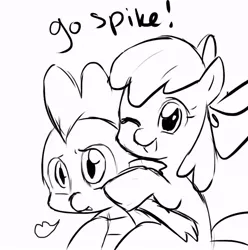 Size: 696x703 | Tagged: safe, derpibooru import, apple bloom, spike, female, interspecies, male, piggyback ride, shipping, spikebloom, straight