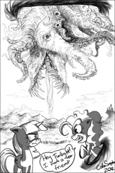 Size: 600x900 | Tagged: semi-grimdark, artist:lordcj, derpibooru import, pinkie pie, twilight sparkle, earth pony, unicorn, cthulhu mythos, dialogue, drool, eldritch abomination, fangs, girly girl, grayscale, happy, heroines, image, monster, open smile, png, portal, prehensile tongue, sharp teeth, shoggoth, shrunken pupils, size difference, teeth, tentaclepie, tentacles, this will end in scolding, tomboy, tongue out, twilight is not amused, unamused, unicorn twilight, villainess, watermark, yog-sothoth