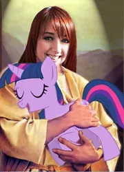 Size: 350x487 | Tagged: derpibooru import, eyes closed, grin, hug, jesus christ, lauren faust, open mouth, photo, safe, smiling, twilight sparkle