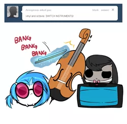 Size: 717x696 | Tagged: safe, artist:pekou, derpibooru import, octavia melody, vinyl scratch, earth pony, pony, unicorn, ask my little chubbies, ask, cello, chubbie, cute, duo, musical instrument, role reversal, simple background, tumblr, turntable, white background