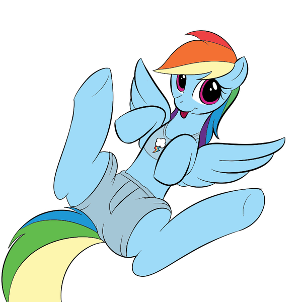 Size: 900x900 | Tagged: suggestive, artist:kloudmutt, derpibooru import, rainbow dash, boxers, clothes, female, midriff, shorts, solo, solo female, swimsuit, tongue out, underwear, wingboner