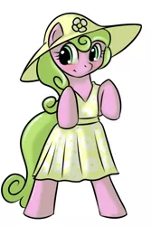 Size: 600x900 | Tagged: safe, artist:kloudmutt, derpibooru import, daisy, flower wishes, earth pony, pony, bipedal, clothes, dress, female, hat, mare, sundress