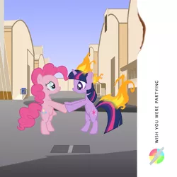 Size: 1600x1600 | Tagged: safe, artist:purpletinker, derpibooru import, pinkie pie, twilight sparkle, ponified, earth pony, pony, unicorn, album cover, bipedal, female, fire, hipgnosis, mare, parody, pink floyd, ponified album cover, wish you were here