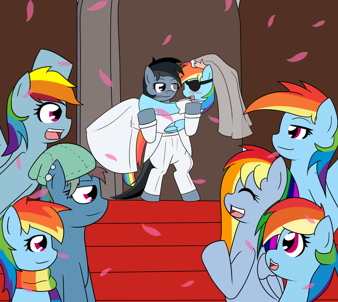 Size: 2000x1783 | Tagged: safe, artist:jake heritagu, derpibooru import, rainbow dash, pony, clothes, dashdash, dead rainbow dash, deadpirate, dress, eyepatch, female, lesbian, marriage, pirate dash, scarf, selfcest, shipping, wedding, wedding dress