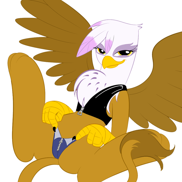 Size: 900x900 | Tagged: questionable, artist:kloudmutt, derpibooru import, gilda, gryphon, cameltoe, chest fluff, clothes, image, jacket, looking at you, panties, png, simple background, smirk, solo, spread legs, spread wings, spreading, swimsuit, underwear, unzipped, white background, wings, zipper