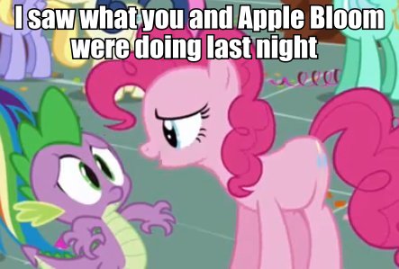 Size: 443x299 | Tagged: safe, derpibooru import, edit, edited screencap, screencap, pinkie pie, spike, dragon, earth pony, pony, caption, female, image macro, implied foalcon, implied shipping, implied spikebloom, implied straight, innuendo, male, mare