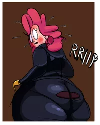Size: 660x828 | Tagged: artist:ross irving, ass, catsuit, crying, derpibooru import, fat, human, humanized, impossibly large butt, latex, obese, pinkie pie, plot, spandex, suggestive, wardrobe malfunction