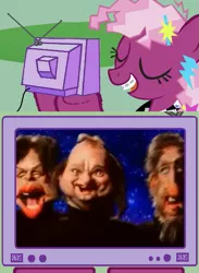 Size: 563x771 | Tagged: safe, derpibooru import, cheerilee, pony, 80s, 80s cheerilee, exploitable meme, genesis, land of confusion, meme, mike rutherford, phil collins, spitting image, tony banks, tv meme
