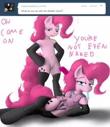 Size: 1280x1472 | Tagged: suggestive, artist:laaseensld, derpibooru import, pinkie pie, earth pony, pony, ask twilight spankle, bedroom eyes, bipedal, clothes, dialogue, duo, english, female, kinkie pie, looking at you, looking down, lying, mare, open mouth, side, simple background, talking, tumblr, twilight spankle, white background