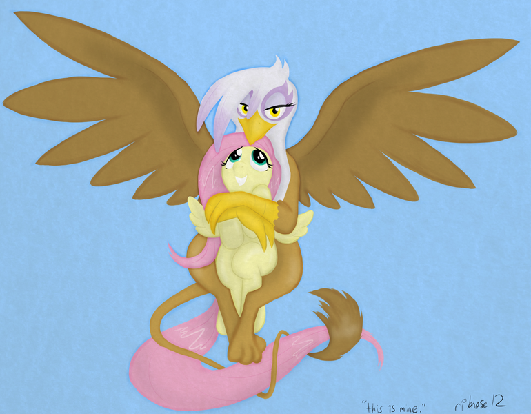 Size: 1280x997 | Tagged: safe, artist:ribnose, derpibooru import, fluttershy, gilda, gryphon, female, gildashy, grin, hug, lesbian, shipping, smiling