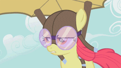 Size: 500x281 | Tagged: animated, apple bloom, call of the cutie, derpibooru import, glider, goggles, hang glider, safe, screencap, solo, windswept mane, windswept tail
