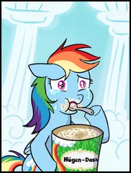 Size: 326x428 | Tagged: safe, artist:madmax, derpibooru import, rainbow dash, pegasus, pony, comfort eating, cropped, crying, food, häagen-dazs, ice cream, pun, sad, solo