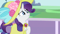 Size: 500x281 | Tagged: safe, derpibooru import, screencap, rarity, pony, unicorn, sweet and elite, animated, clothes, female, hat, mare, solo, sun hat