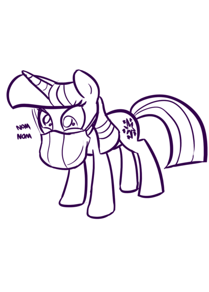 Size: 1000x1400 | Tagged: artist:willdrawforfood1, derpibooru import, eating, feed bag, food, horses doing horse things, monochrome, nom, safe, solo, twilight sparkle