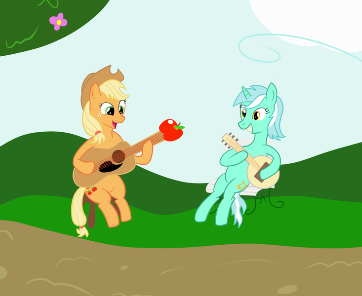 Size: 2200x1800 | Tagged: applejack, artist:vera-kerzeal, banjo, deliverance, derpibooru import, dueling banjos, guitar, lyra heartstrings, musical instrument, safe