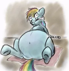 Size: 800x820 | Tagged: artist:defenceless, belly, big belly, chains, cleave gag, derpibooru import, fat, rainblob dash, rainbow dash, safe, story in the source, weight gain